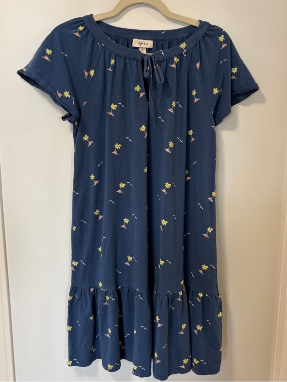STYLE & Co. t-shirt dress navy blue tired summer beach palm tree small modal